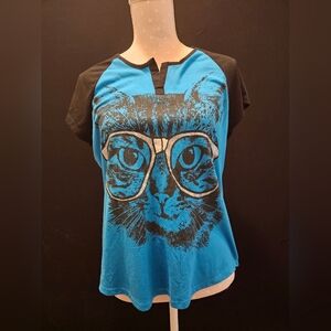 Y2K Hi-Lo Color Block, Cap Sleeve Blue Cat Graphic T-Shirt Sz XL